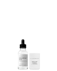 Asterwood Hydration Heroes bundle: Hyaluronic Acid serum dropper bottle next to the Volulip Plumping Lip Treatment.