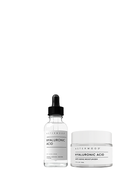Asterwood Hydration Recovery duo: Hyaluronic Acid Anti-Aging Serum dropper bottle beside the Hyaluronic Acid Anti-Aging Moisturizer jar.