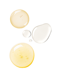 Three serum swatches on white from the Powerhouse Trio: a pale golden droplet, a clear serum smear, and a bright yellow bubbly droplet.