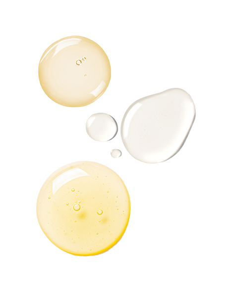 Three serum swatches on white from the Powerhouse Trio: a pale golden droplet, a clear serum smear, and a bright yellow bubbly droplet.