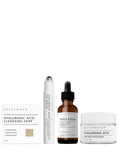 Asterwood Skin Rescue Routine: Hyaluronic Acid Cleansing Soap box, HA Eye Serum pen, Triple Repair amber serum, and HA Anti-Aging Moisturizer jar.