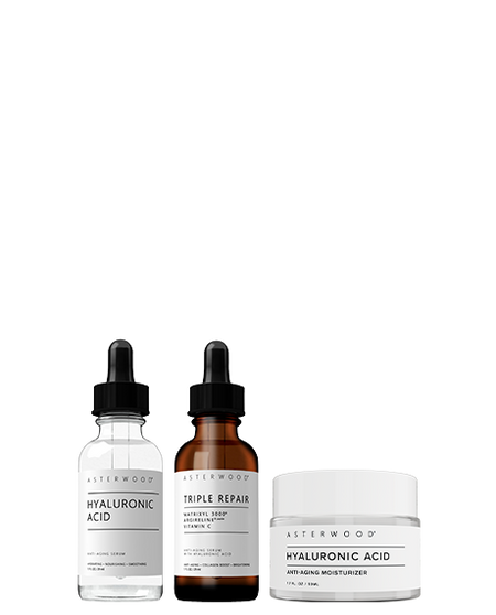 Asterwood Skincare Hero Trio: Hyaluronic Acid serum, Triple Repair amber serum, and Hyaluronic Acid Anti-Aging Moisturizer jar.