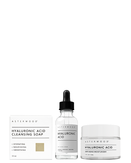 Asterwood Minimalist Collection: Hyaluronic Acid Cleansing Soap carton, HA Anti-Aging Serum dropper bottle, and HA Anti-Aging Moisturizer jar.