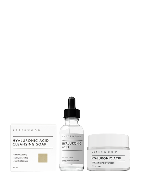 Asterwood Minimalist Collection: Hyaluronic Acid Cleansing Soap carton, HA Anti-Aging Serum dropper bottle, and HA Anti-Aging Moisturizer jar.