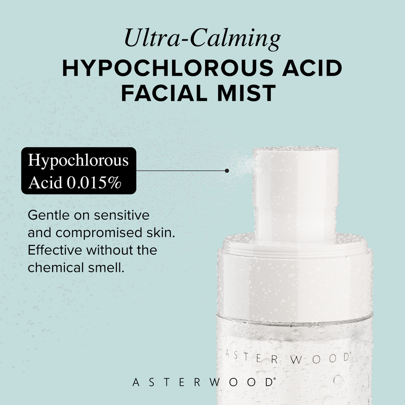 Ultra-Calming Hypochlorous Acid Facial Mist graphic spotlighting 0.015% Hypochlorous Acid, gentle on sensitive and compromised skin, no chemical smell.