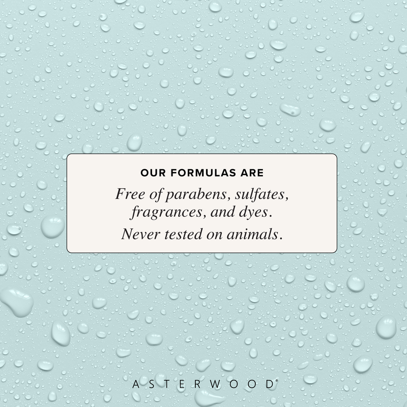Aqua background covered in water droplets with a callout stating Asterwood formulas are free of parabens, sulfates, fragrances, and dyes, cruelty-free.