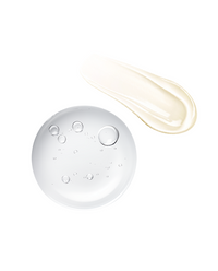 Macro swatches of the Hydration Heroes pair: clear bubbly HA serum droplet and a creamy ivory Volulip streak.