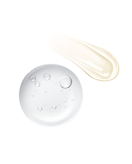 Macro swatches of the Hydration Heroes pair: clear bubbly HA serum droplet and a creamy ivory Volulip streak.