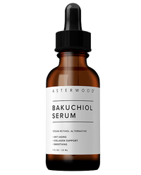 Asterwood Bakuchiol Serum 1 fl oz amber bottle with black dropper, white label highlighting vegan retinol alternative, anti-aging, collagen support, smoothing.