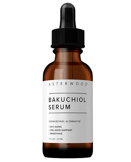 Asterwood Bakuchiol Serum 1 fl oz amber bottle with black dropper, white label highlighting vegan retinol alternative, anti-aging, collagen support, smoothing.