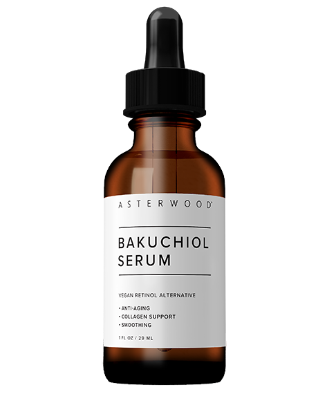 Asterwood Bakuchiol Serum 1 fl oz amber bottle with black dropper, white label highlighting vegan retinol alternative, anti-aging, collagen support, smoothing.