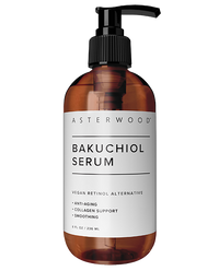 Asterwood Bakuchiol Serum 8 fl oz amber pump bottle, the larger size of the vegan retinol alternative formula.
