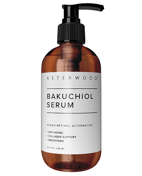 Asterwood Bakuchiol Serum 8 fl oz amber pump bottle, the larger size of the vegan retinol alternative formula.