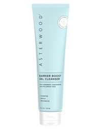 Asterwood Barrier Boost Gel Cleanser 5.29 fl oz light blue tube, label noting ceramides, niacinamide, and Hyaluronic Acid.