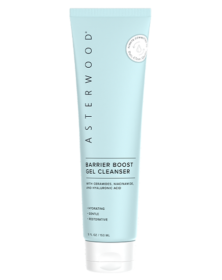 Asterwood Barrier Boost Gel Cleanser 5.29 fl oz light blue tube, label noting ceramides, niacinamide, and Hyaluronic Acid.