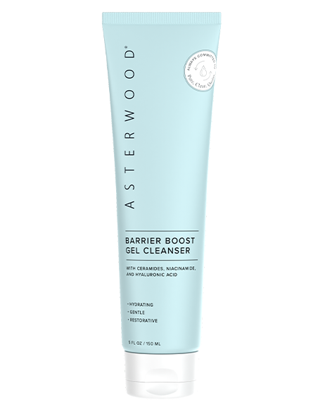 Asterwood Barrier Boost Gel Cleanser 5.29 fl oz light blue tube, label noting ceramides, niacinamide, and Hyaluronic Acid.