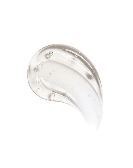 Macro swatch of the clear Barrier Boost Gel Cleanser, swirled gel texture with tiny bubbles on white background.
