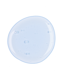 Top-down macro of a blue-tinted Copper Peptides Serum droplet on white showing the lightweight gel texture.
