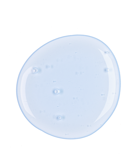 Top-down macro of a blue-tinted Copper Peptides Serum droplet on white showing the lightweight gel texture.