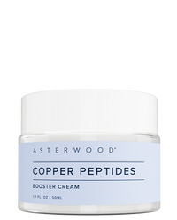 Asterwood Copper Peptides Booster Cream 1.7 fl oz frosted glass jar with light blue label, GHK-Cu booster cream with Ectoin and Shea.