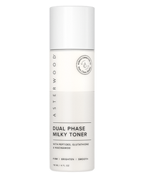 Asterwood Dual Phase Milky Toner 4 fl oz bottle showing the separated milky bottom and clear top layers, label notes peptides, glutathione, and niacinamide.