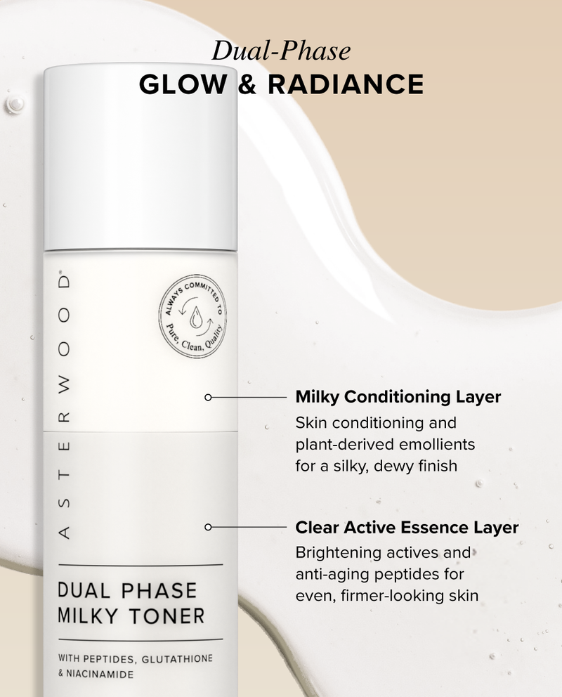 Dual Phase Milky Toner bottle with callouts identifying the milky conditioning layer and the clear active essence layer of the formula.
