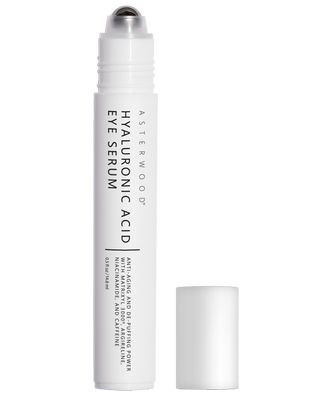 Asterwood Hyaluronic Acid Eye Serum 0.5 fl oz white roller bottle with metal rollerball tip, formulated with Matrixyl 3000, Argireline, Niacinamide and Caffeine.