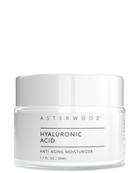 Asterwood Hyaluronic Acid Anti-Aging Moisturizer 1.7 fl oz glass jar with white lid and minimalist white label.