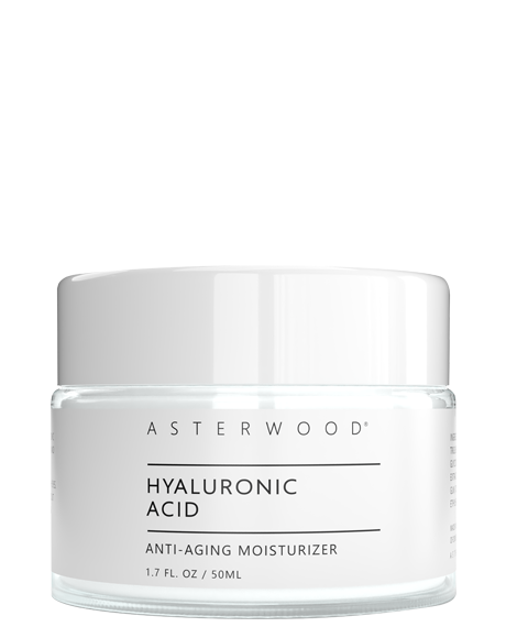 Asterwood Hyaluronic Acid Anti-Aging Moisturizer 1.7 fl oz glass jar with white lid and minimalist white label.