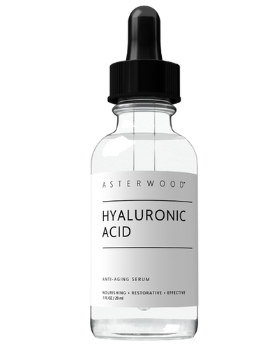 Asterwood Hyaluronic Acid Anti-Aging Serum 1 fl oz clear glass bottle with black dropper, gray label reading nourishing, restorative, effective.