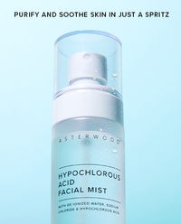 Asterwood Hypochlorous Acid Facial Mist 4 fl oz bottle on aqua with overlaid headline reading purify and soothe skin in just a spritz.