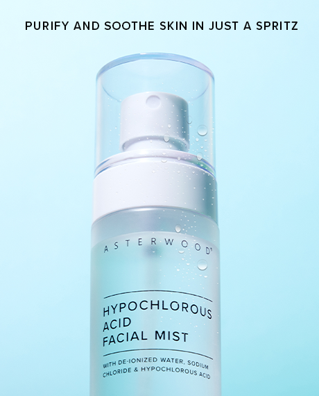 Asterwood Hypochlorous Acid Facial Mist 4 fl oz bottle on aqua with overlaid headline reading purify and soothe skin in just a spritz.