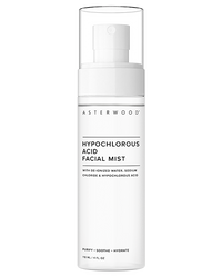 Asterwood Hypochlorous Acid Facial Mist 4 fl oz bottle on white, label listing de-ionized water, sodium chloride, and hypochlorous acid.