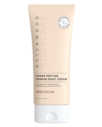 Asterwood Bodycare Power Peptide Firming Body Cream 7 fl oz tan frosted tube with Matrixyl 3000 peptides, ceramides, and Hyaluronic Acid.