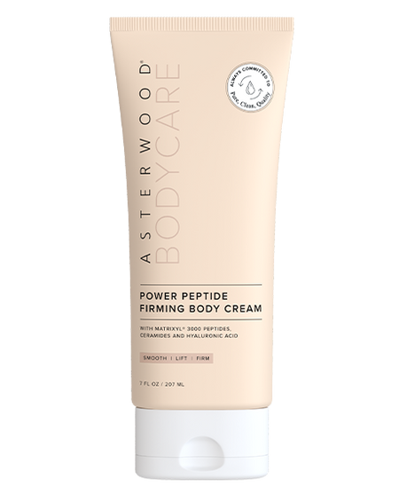Asterwood Bodycare Power Peptide Firming Body Cream 7 fl oz tan frosted tube with Matrixyl 3000 peptides, ceramides, and Hyaluronic Acid.