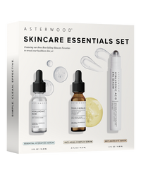 Asterwood Skincare Essentials Set carton featuring travel-size Hyaluronic Acid, Triple Repair, and HA Eye Serum, tagline simple, clean, effective.