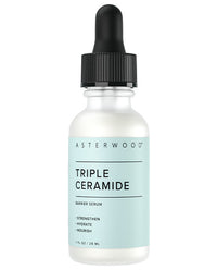 Asterwood Triple Ceramide Barrier Serum bottle on white, light blue label noting Hyaluronic Acid plus ceramides for strengthen, hydrate, nourish.