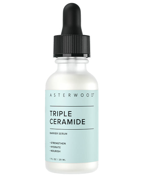 Asterwood Triple Ceramide Barrier Serum bottle on white, light blue label noting Hyaluronic Acid plus ceramides for strengthen, hydrate, nourish.