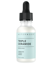 Asterwood Triple Ceramide Barrier Serum 1 fl oz frosted bottle with light blue label, strengthen, hydrate, nourish barrier serum.