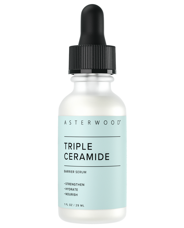 Asterwood Triple Ceramide Barrier Serum 1 fl oz frosted bottle with light blue label, strengthen, hydrate, nourish barrier serum.