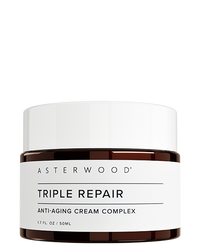 Asterwood Triple Repair Anti-Aging Cream Complex 1.7 fl oz amber jar with white lid, listing Matrixyl 3000, Argireline peptide, and Vitamin C.