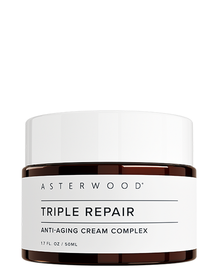 Asterwood Triple Repair Anti-Aging Cream Complex 1.7 fl oz amber jar with white lid, listing Matrixyl 3000, Argireline peptide, and Vitamin C.