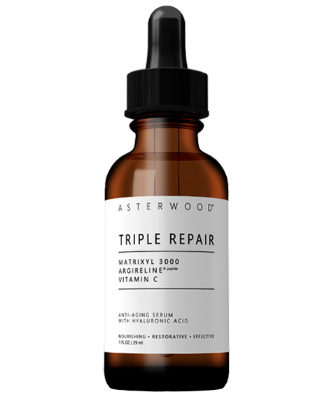 Asterwood Triple Repair Serum 1 fl oz amber bottle, white label listing Matrixyl 3000, Argireline peptide, and Vitamin C with Hyaluronic Acid.