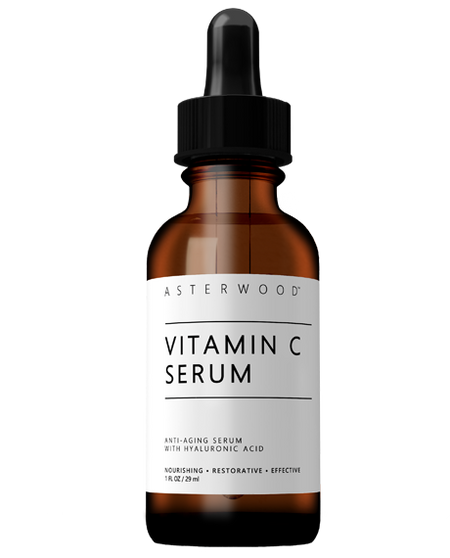 Asterwood Vitamin C Serum 1 fl oz amber bottle, white label noting anti-aging serum with Hyaluronic Acid, nourishing, restorative, effective.