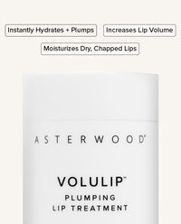 Asterwood Volulip Plumping Lip Treatment tube with callouts: instantly hydrates and plumps, increases lip volume, moisturizes dry chapped lips.