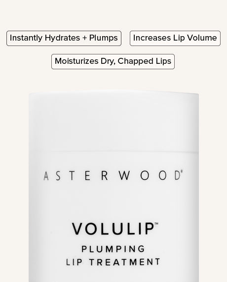 Asterwood Volulip Plumping Lip Treatment tube with callouts: instantly hydrates and plumps, increases lip volume, moisturizes dry chapped lips.