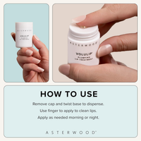 Close-up of the Asterwood Volulip Plumping Lip Treatment label with callouts above for instantly hydrates and plumps, increases lip volume, moisturizes dry lips.