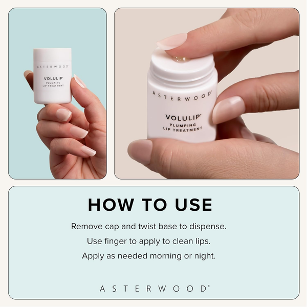 Close-up of the Asterwood Volulip Plumping Lip Treatment label with callouts above for instantly hydrates and plumps, increases lip volume, moisturizes dry lips.
